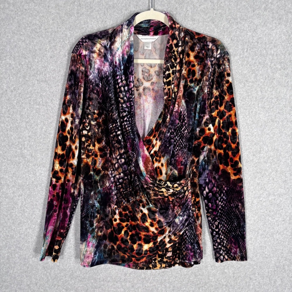 Y2K 90s Velvet Ruched Wrap Top Large Animal Snake Print Glam Max‎ Eclectic Loud